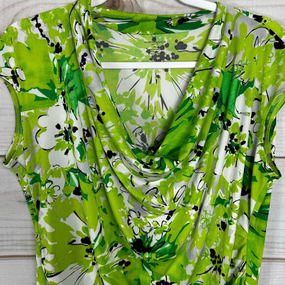 Worthington Petite Green & White Floral Print Cowl Neck Blouse Size PL - Picture 2 of 8